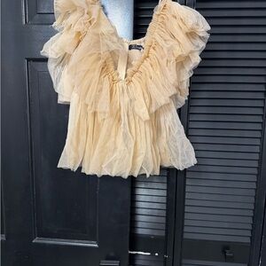 Simple Cream Puff Sleeve Blouse with Plunge Neckline and Ruffled Details